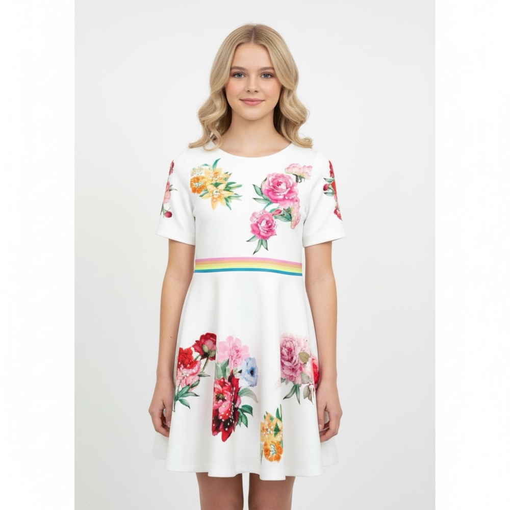 Truly Me Tween Fit & Flare Floral Dress Sz 12 Easter Rainbow‎ Belt Sparkly Rose